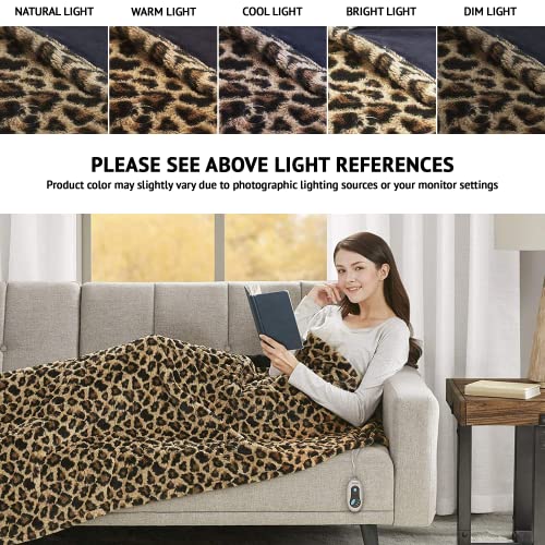 Beautyrest Brushed Long Fur Electric Throw Blanket Ogee Pattern Warm and Soft Heated Wrap with Auto Shutoff, 50 in x 60 in, Leopard