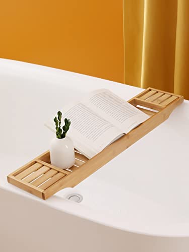 GANFANREN Bathroom Bathtub Rack Shelf Bath Bridge Caddy Bathtub Storage Rack Tray Bath Tub Towel Book Wine Holder Organizer