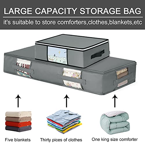 NUZYZ Large Underbed Storage Bags Organizer Capacity Box with Sturdy Zippers Clothes organizer Reinforced Handles and Clear windows for Store Blankets, Bedding, Clothes, Polyester Blend (4Pcs, Light Gray 2Big 2Small)