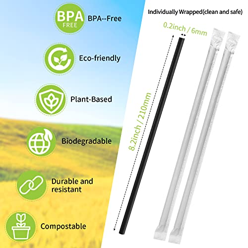 [100 Pcs] Biodegradable Compostable Individually Wrapped Straws - PLA Disposable Plant Based Black Straws (8.25" LongX0.23" Wide)
