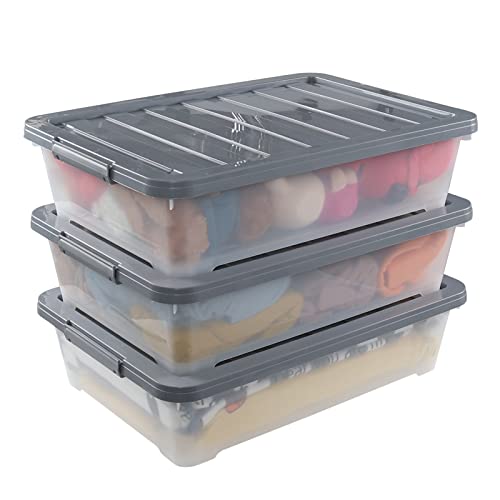 Vcansay 40 Quart Plastic Underbed Storage Boxes with Lids, Large Under Bed Storage Bins with Wheels, 3-Pack