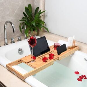 GANFANREN Bathtub Tray Caddy with Book Holder,Bath Tray for Tub,Bathtub Caddy Tray,Bathtub Shelf for Laptop, Reading, Tablet