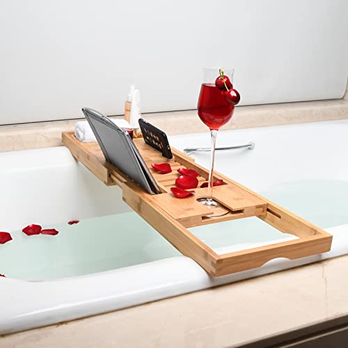 GANFANREN Bathtub Tray Caddy with Book Holder,Bath Tray for Tub,Bathtub Caddy Tray,Bathtub Shelf for Laptop, Reading, Tablet