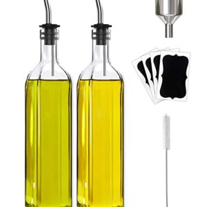 Leaflai Olive Oil Dispenser Bottle, 2 Pcs Glass Olive Oil Dispenser and Vinegar Dispenser Set with 4 Labels,1 Brush and 1 Funnel Oil Bottles for Kitchen (500ml)