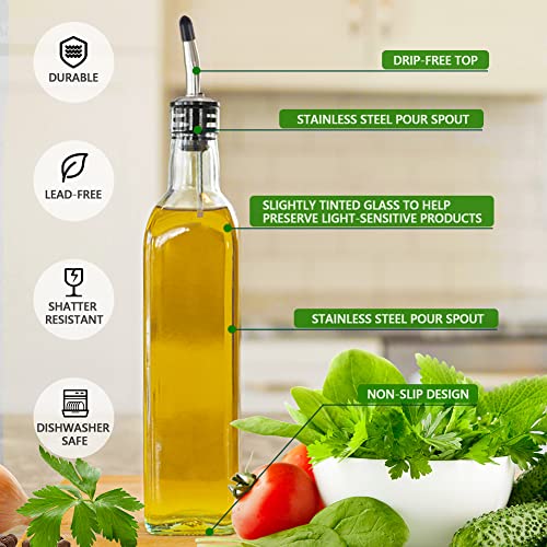 Leaflai Olive Oil Dispenser Bottle, 2 Pcs Glass Olive Oil Dispenser and Vinegar Dispenser Set with 4 Labels,1 Brush and 1 Funnel Oil Bottles for Kitchen (500ml)