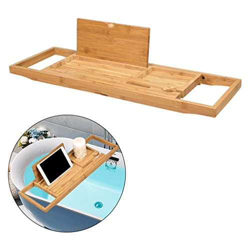 GANFANREN Extendable Bath Tub Wooden Bathtub Bridge Shelf Organizer Tray with Book Stand for Home Hotel Spa Salon