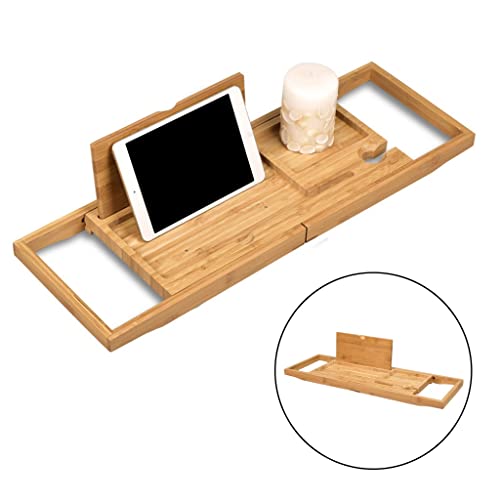 GANFANREN Extendable Bath Tub Wooden Bathtub Bridge Shelf Organizer Tray with Book Stand for Home Hotel Spa Salon