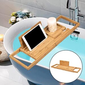 GANFANREN Extendable Bath Tub Wooden Bathtub Bridge Shelf Organizer Tray with Book Stand for Home Hotel Spa Salon