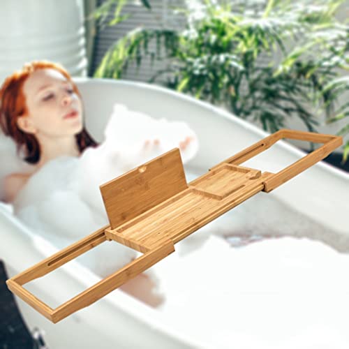 GANFANREN Extendable Bath Tub Wooden Bathtub Bridge Shelf Organizer Tray with Book Stand for Home Hotel Spa Salon