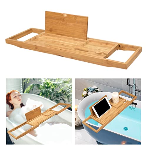 GANFANREN Extendable Bath Tub Wooden Bathtub Bridge Shelf Organizer Tray with Book Stand for Home Hotel Spa Salon