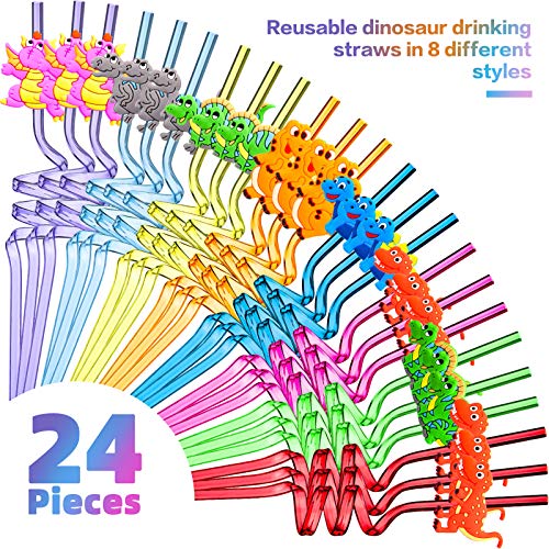 24 Pieces Reusable Dinosaur Straws Plastic Dinosaur Straws for Kids Safari Jungle Dinosaur Theme Straws for Dinosaur Party Decoration Supplies Birthday Party Favors, 8 Styles