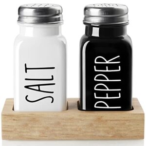 salt and pepper shakers set with holder - dopeca glass salt shaker with wood caddy for kitchen counter or table - black and white kitchen decor and wedding gifts -2.7 oz