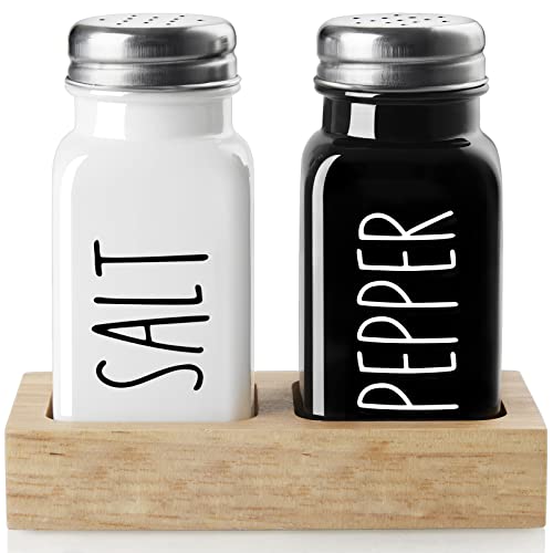 Salt and Pepper Shakers Set with Holder - Dopeca Glass Salt Shaker with Wood Caddy for Kitchen Counter or Table - Black and White Kitchen Decor and Wedding Gifts -2.7 oz