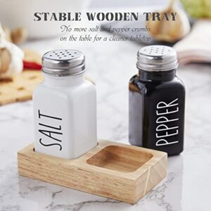 Salt and Pepper Shakers Set with Holder - Dopeca Glass Salt Shaker with Wood Caddy for Kitchen Counter or Table - Black and White Kitchen Decor and Wedding Gifts -2.7 oz