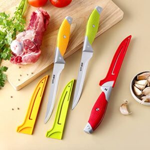 VITUER Boning Knife, 6PCS Fillet Knives (3PCS Filet Knife and 3PCS Knife Cover), 6 Inch Curved Boning Knife for Meat, Fish, Poultry, Cutting, Trimming, German Steel, PP Handle