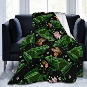 gaseekry blanket frogs butterfly flowers fleece flannel throw blankets for couch bed sofa car,cozy soft blanket throw queen king full size for kids women adults 80x60, black