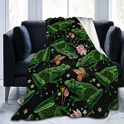 Gaseekry Blanket Frogs Butterfly Flowers Fleece Flannel Throw Blankets for Couch Bed Sofa Car,Cozy Soft Blanket Throw Queen King Full Size for Kids Women Adults 80X60, Black