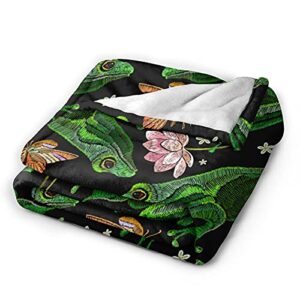 Gaseekry Blanket Frogs Butterfly Flowers Fleece Flannel Throw Blankets for Couch Bed Sofa Car,Cozy Soft Blanket Throw Queen King Full Size for Kids Women Adults 80X60, Black