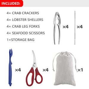 Seafood Tools Set includes 4 Crab Crackers 4 Seafood Fork 4 Lobster Crackers 4 Seafood Scissors -Nut Cracker and Storage Bag（17 Piece ）