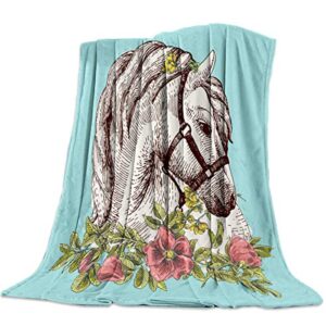 herbed fleece blanket and microfiber soft bed throws blanket 39×49inch bohemian white horse for sofa couch decorative all season warm living room/bedroom lightweight blankets