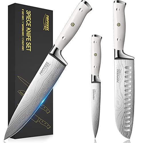 Topfeel Professional Chef Knife Set German Carbon Stainless Steel Kitchen Knives, 3PCS Ultra Sharp Japanese White Knives Set for Kitchen with Ergonomic Handle for Home or Restaurant…