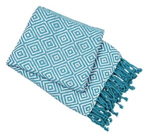 throw blanket with fringes in diamond design 50x60 inch - teal white cotton throw for sofa, chair, bed, & everyday use, well crafted for durability, farmhouse throw,all season throw blanket
