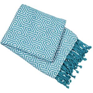 Throw Blanket With Fringes In Diamond Design 50x60 Inch - Teal White Cotton Throw For Sofa, Chair, Bed, & Everyday Use, Well crafted for durability, Farmhouse Throw,All Season Throw Blanket