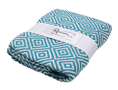 Throw Blanket With Fringes In Diamond Design 50x60 Inch - Teal White Cotton Throw For Sofa, Chair, Bed, & Everyday Use, Well crafted for durability, Farmhouse Throw,All Season Throw Blanket