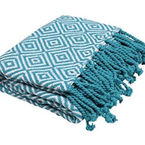 Throw Blanket With Fringes In Diamond Design 50x60 Inch - Teal White Cotton Throw For Sofa, Chair, Bed, & Everyday Use, Well crafted for durability, Farmhouse Throw,All Season Throw Blanket