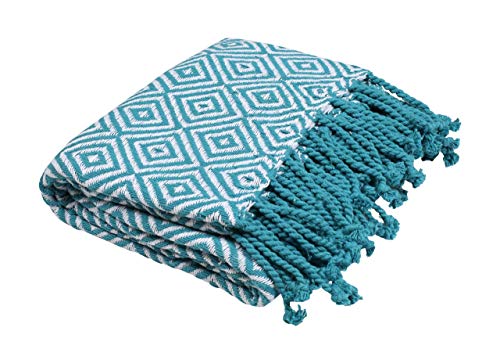 Throw Blanket With Fringes In Diamond Design 50x60 Inch - Teal White Cotton Throw For Sofa, Chair, Bed, & Everyday Use, Well crafted for durability, Farmhouse Throw,All Season Throw Blanket