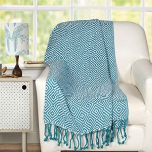 Throw Blanket With Fringes In Diamond Design 50x60 Inch - Teal White Cotton Throw For Sofa, Chair, Bed, & Everyday Use, Well crafted for durability, Farmhouse Throw,All Season Throw Blanket