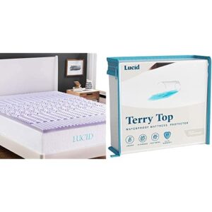 lucid 2 inch 5 zone lavender memory foam mattress topper - queen & protector, queen, white