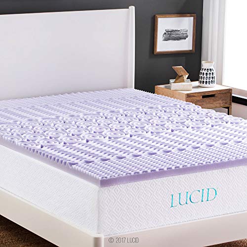 LUCID 2 Inch 5 Zone Lavender Memory Foam Mattress Topper - Queen & Protector, Queen, White
