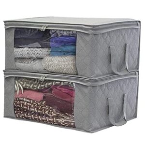 foldable storage bag, set of 2 large foldable clothes organizer 49 x 36 x 20 cm, clear window and carry handles, great for comforters,blankets,pillow,bedding,with sturdy zipper,clear window (grey)