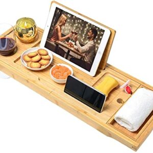 Bathtub Tray, Expendable Bath Caddy Tray for Tub, Bamboo Wooden Book Stand and Wine Holder