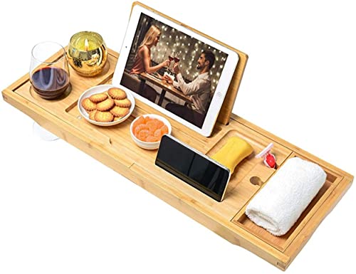 Bathtub Tray, Expendable Bath Caddy Tray for Tub, Bamboo Wooden Book Stand and Wine Holder