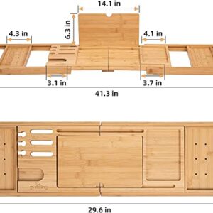 Bathtub Tray, Expendable Bath Caddy Tray for Tub, Bamboo Wooden Book Stand and Wine Holder