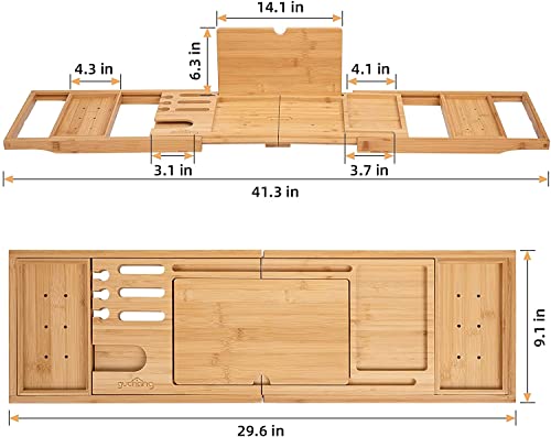 Bathtub Tray, Expendable Bath Caddy Tray for Tub, Bamboo Wooden Book Stand and Wine Holder