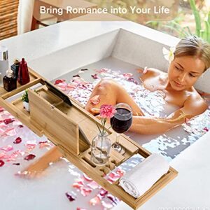 Bathtub Tray, Expendable Bath Caddy Tray for Tub, Bamboo Wooden Book Stand and Wine Holder