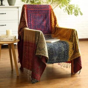veying boho throw blankets,bohemian bed throws,chenille tassels throw blanket for couch sofa,chair bed，hippie room decor,hippie,indian throw blankets (red navy yellow 60x75)