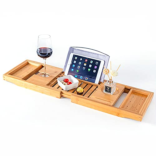 100% Natural Bamboo Bath Caddy Bridge – Extendable Bath Caddy Tray for Tub with ​Wine Glass Holder, Tablet, Kindle