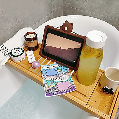 100% Natural Bamboo Bath Caddy Bridge – Extendable Bath Caddy Tray for Tub with ​Wine Glass Holder, Tablet, Kindle