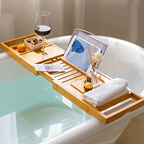 100% Natural Bamboo Bath Caddy Bridge – Extendable Bath Caddy Tray for Tub with ​Wine Glass Holder, Tablet, Kindle