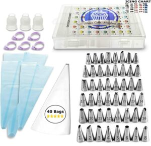 aleeza cake wonders get frosted! piping bags and tips set – 100 pcs cake decorating kit with 40 frosting bags, 48 icing tips and design chart. pastry, cookie, cupcake and cake decorating supplies
