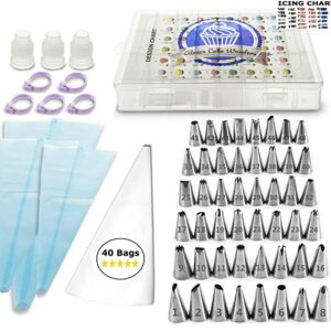 Aleeza Cake Wonders Get FROSTED! Piping Bags and Tips Set – 100 pcs Cake Decorating Kit with 40 Frosting Bags, 48 Icing Tips and Design Chart. Pastry, Cookie, Cupcake and Cake Decorating Supplies