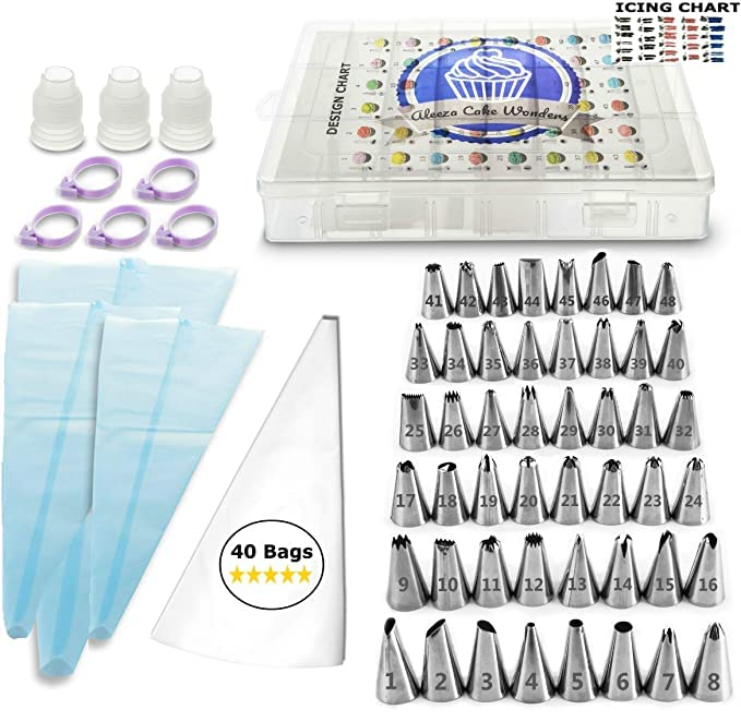 Aleeza Cake Wonders Get FROSTED! Piping Bags and Tips Set – 100 pcs Cake Decorating Kit with 40 Frosting Bags, 48 Icing Tips and Design Chart. Pastry, Cookie, Cupcake and Cake Decorating Supplies