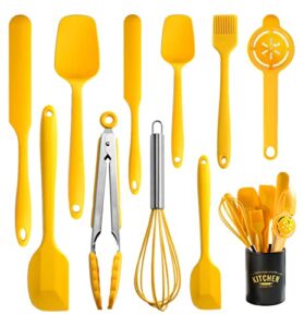 silicone spatula set of 11 kitchen utensils with iron holder for baking, cooking, and mixing,cooking spatulas nonstick cookware，seamless and flexible,dishwasher safe (yellow)