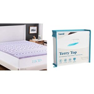 LUCID 2 Inch 5 Zone Lavender Memory Foam Mattress Topper - Twin XL & Premium Hypoallergenic 100% Waterproof Mattress Protector - Universal Fit, Cotton Terry Top, Twin XL