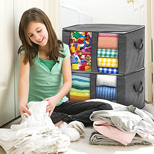 4 Pack Clothes Storage Bag kingdalux Large Capacity Closet Organizer Bins with Reinforced Handle Thick Fabric for Comforters, Blankets, Bedding, with Sturdy Zipper, Double Clear Window & Compartment