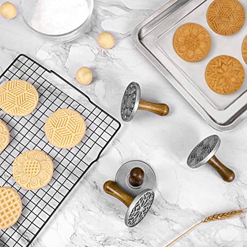 HULISEN Cookie Stamps Set of 4, Metal Cookie Press Mold with Wooden Handle, Decorating Supplies for DIY Baking, Cake, Pastry, Easy to Use, Gift Package